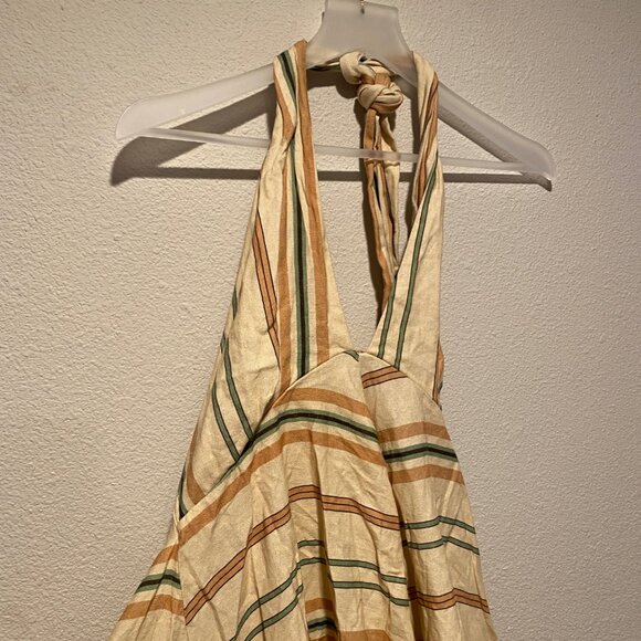 Zara Halter Chevron Stripe Mini Dress XL‎ Beige Summer Sleeveless Pockets - Picture 7 of 8